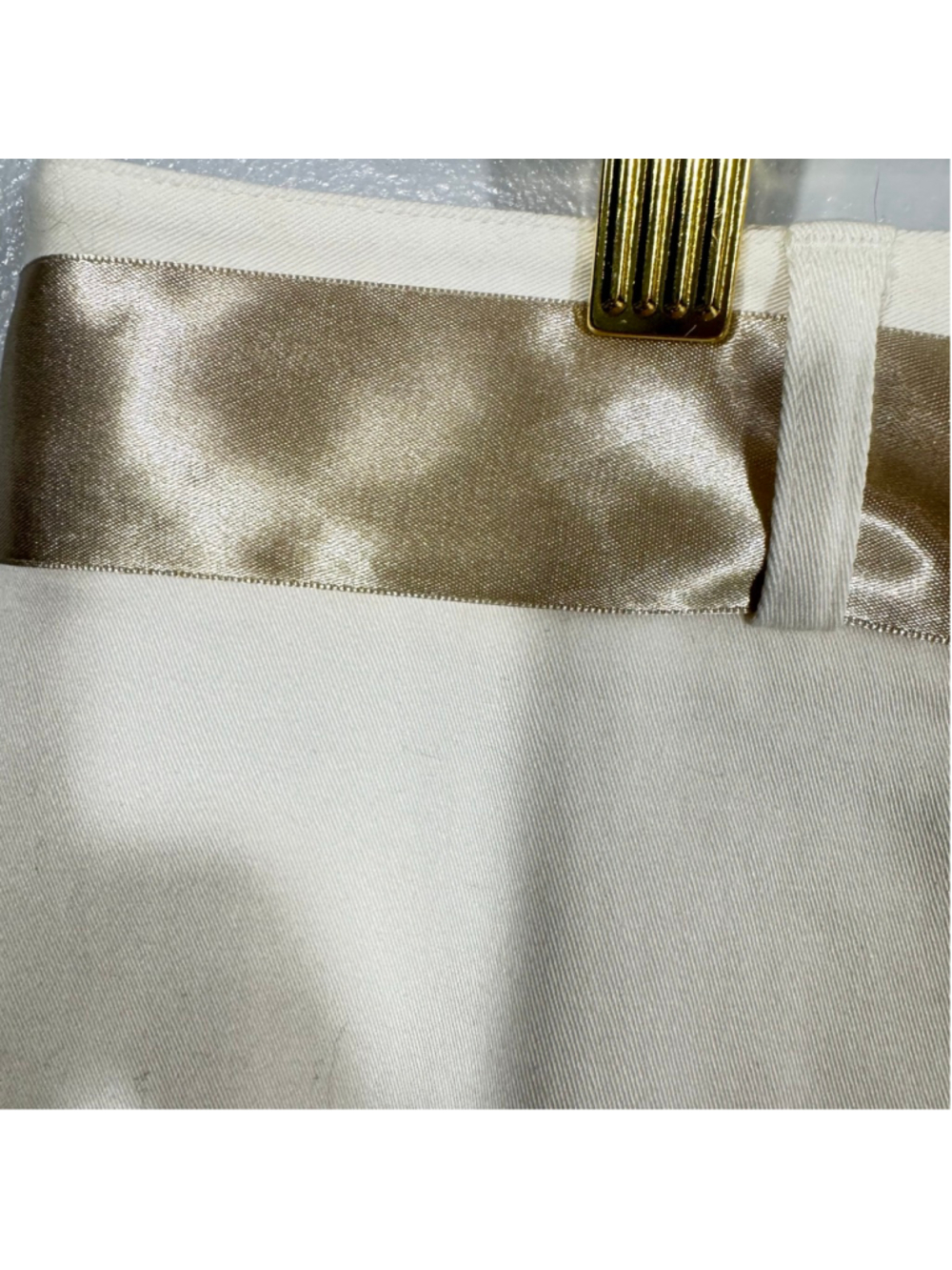 Size 12 Ann Taylor Cream Casual Pencil Skirt Gold Satin Belt Cotton Pockets - Picture 3 of 8